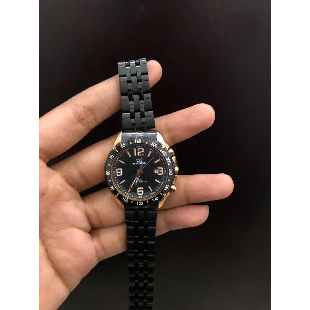 JAM TANGAN MIRAGE CEWEK RANTAI HITAM STAINLESS