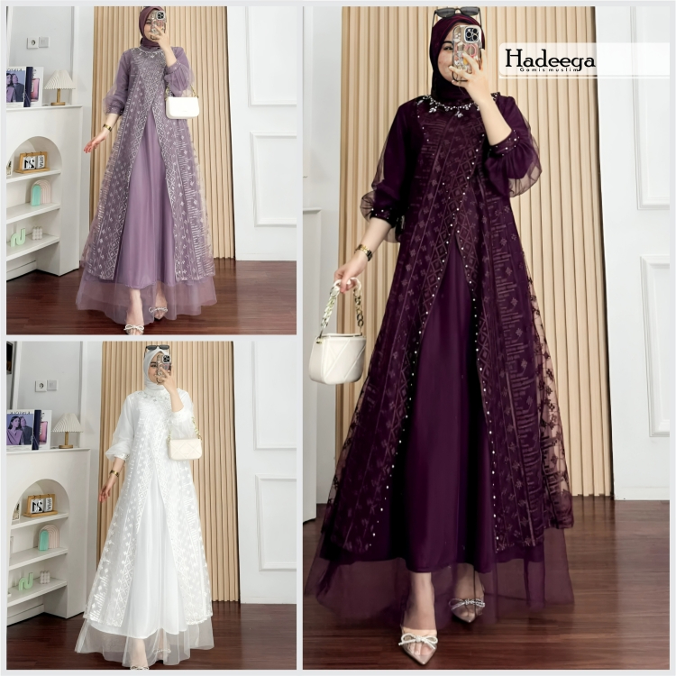 Hadeeqa Dress Burgandy Kondangan Brukat Tile Kayla Gamis Pesta Mewah elegan Terbaru Wanita kekinian