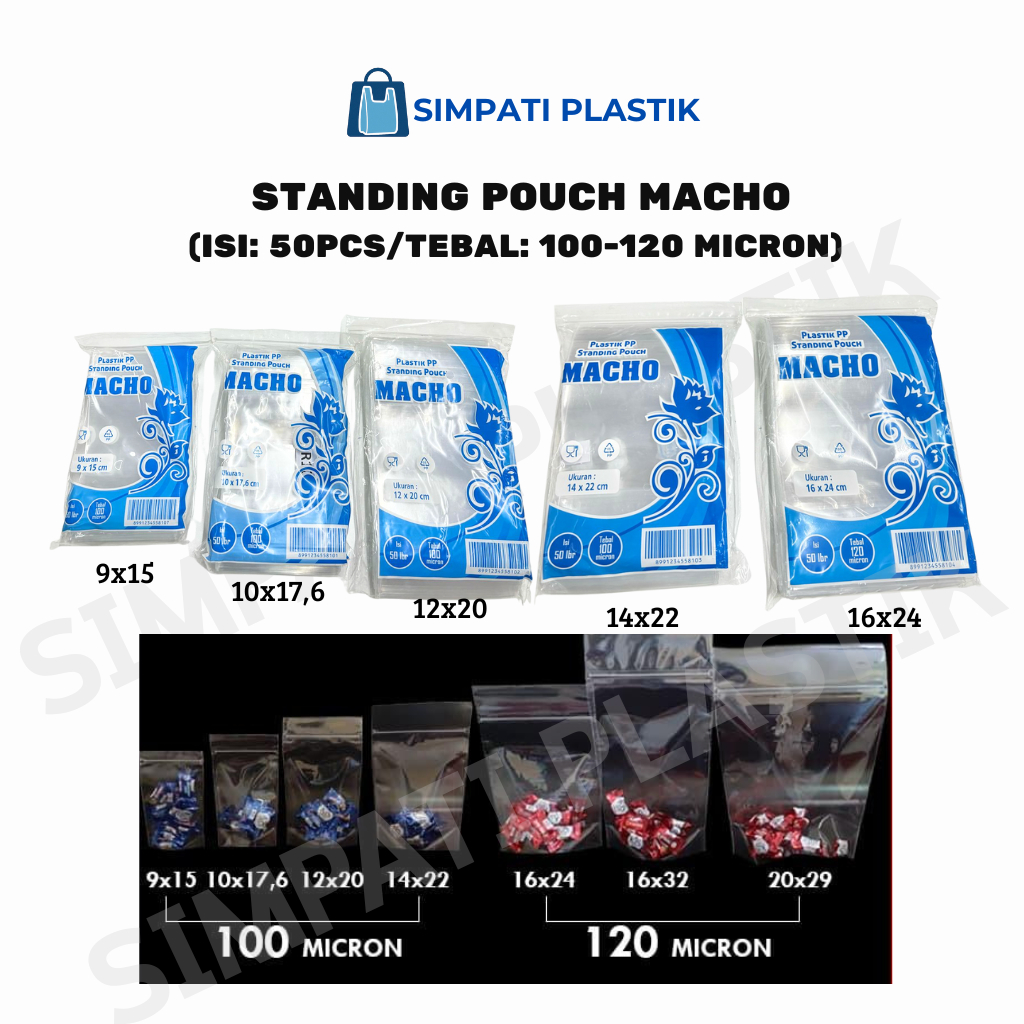 (Isi 50pcs) Standing Pouch Macho, PP klip, Plastik Ziplock Berdiri