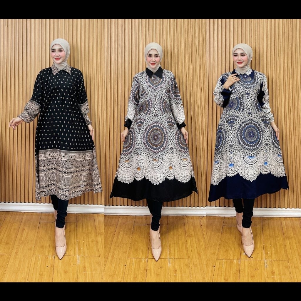 Tunik Rayon Motif Etnik Premium | Busui Friendly | LD 115cm | Panjang 115cm | Baju Atasan Muslim Wan
