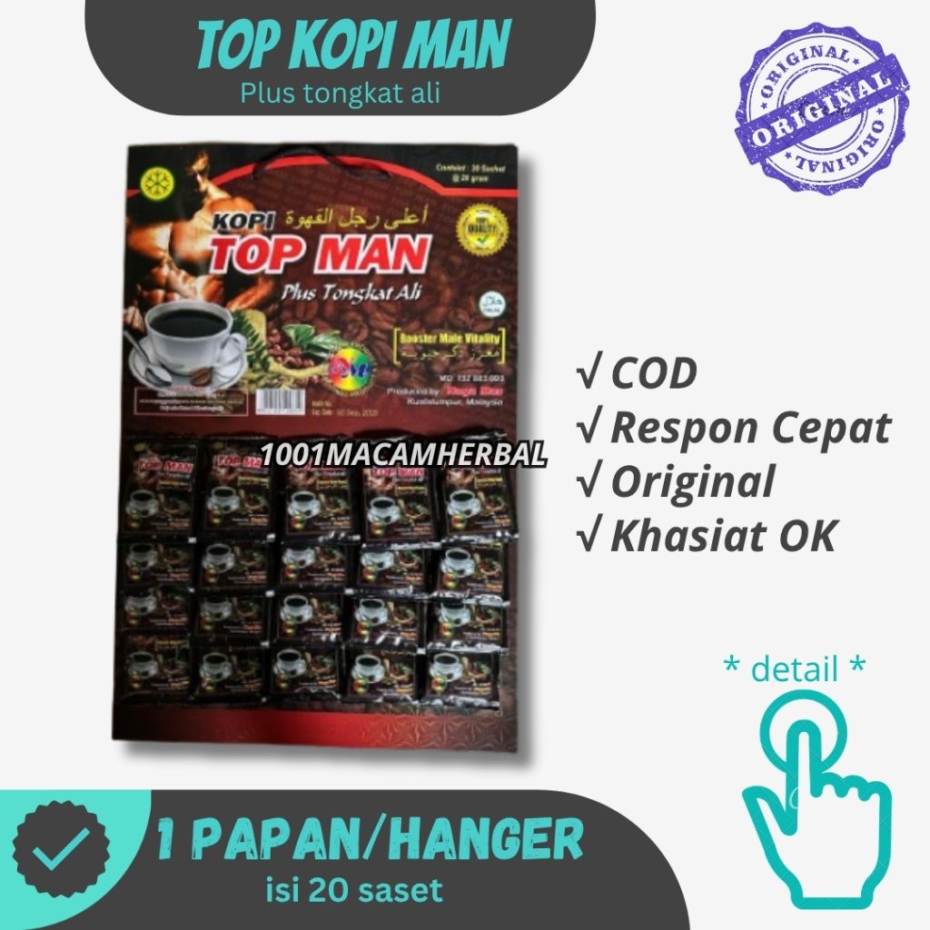 Top Kopi Man ORI Plus Tongkat Ali Kopi Herbal Pria – Rasa Rempah Kuat | Vitalitas & Imun | 1 Papan I
