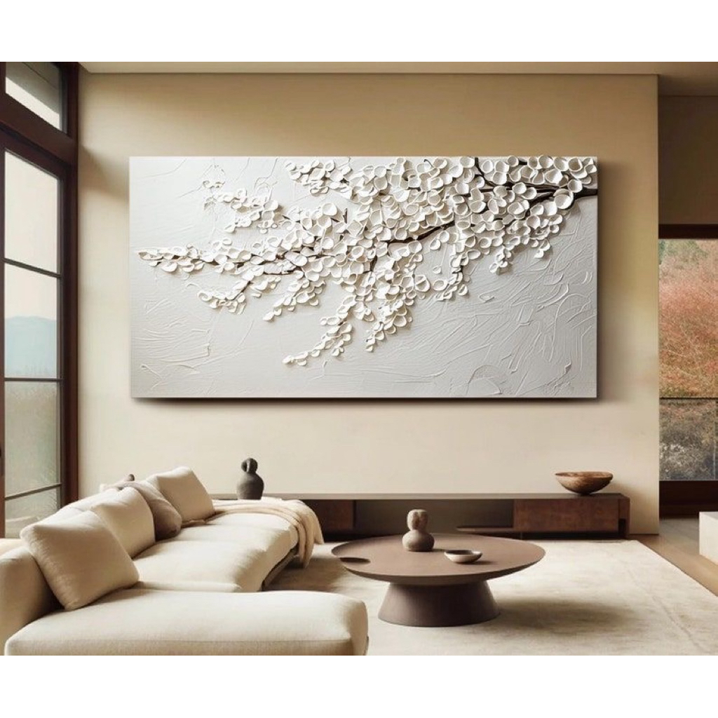 Lukisan bunga sakura putih || Lukisan tekstur tebal || Lukisan abstrak kanvas modern || Hiasan dindi