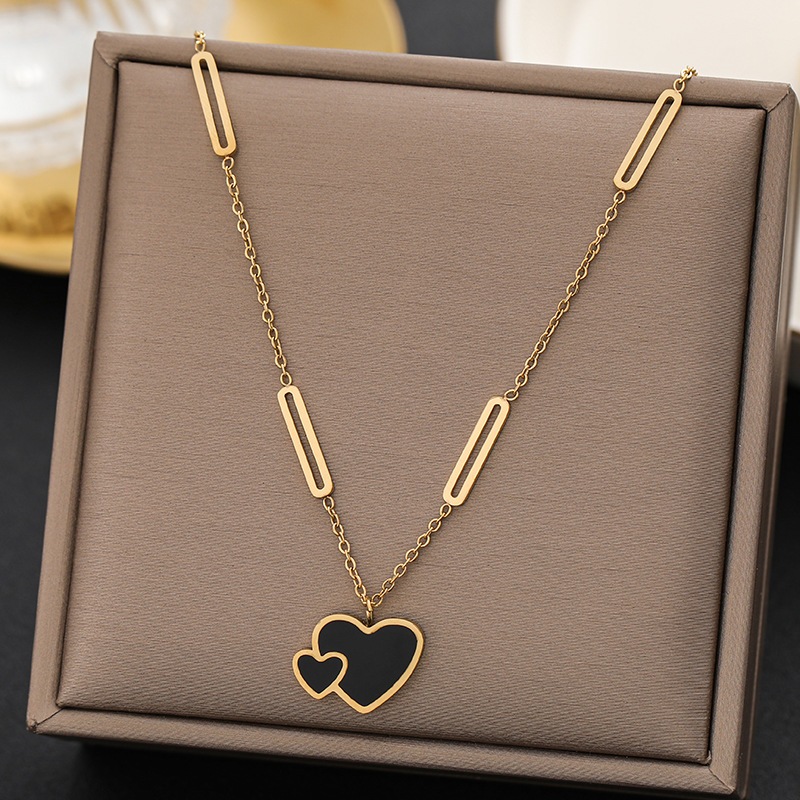 Kalung Wanita Titanium Rantai Strip LOVE DOUBLE Hitam Gold / Kalung Perempuan Double Titanium