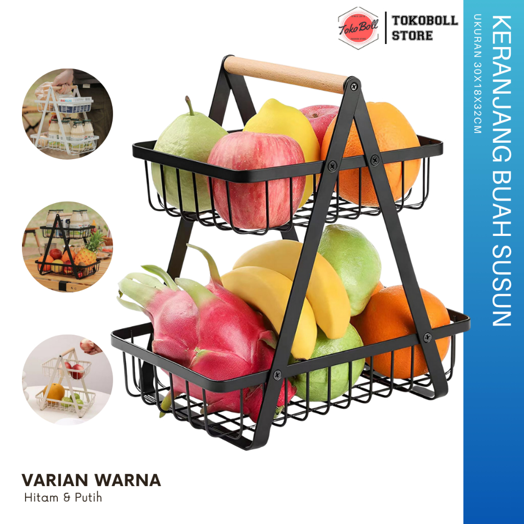 Rak Buah Susun 2 Tingkat | Keranjang Buah Sayuran Aesthetic Besi Putih | Tempat Penyimpanan Dapur