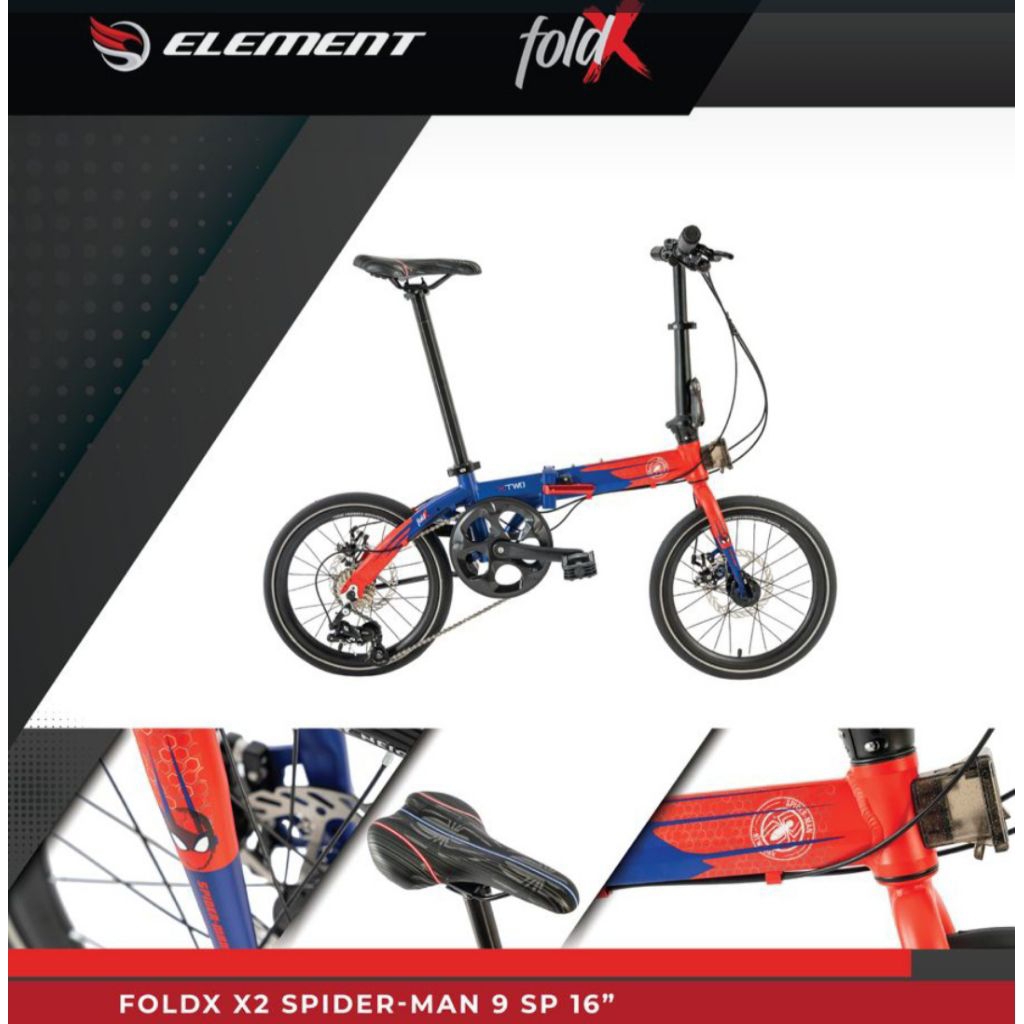 SEPEDA LIPAT FOLDING BIKE ELEMENT SPIDERMAN 16 INCH ALLOY 9SP FRAME KUAT BERKUALITAS