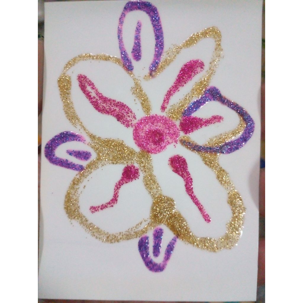 

Sticker Custom gliter handmade : gambar bunga (digambar menggunakan gliter bubuk, sehingga nampak bercahaya/ berkilau/ kelap- kelip)