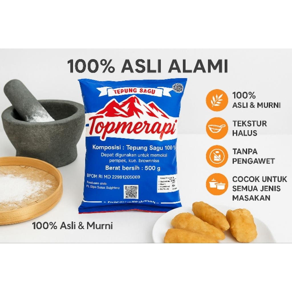 

Topmerapi Tepung Sagu 500gr – 100% Asli Alami | Cocok untuk Pempek, Kue, Brownies, dll