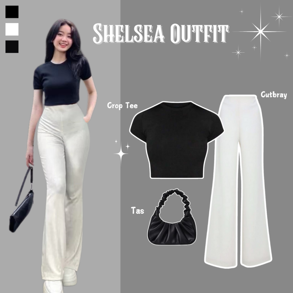 One Set Shelsea Outfit ( Crop Tee + Cutbray + Tas ) Ootd Korean Style | Fashion Wanita Kekinian