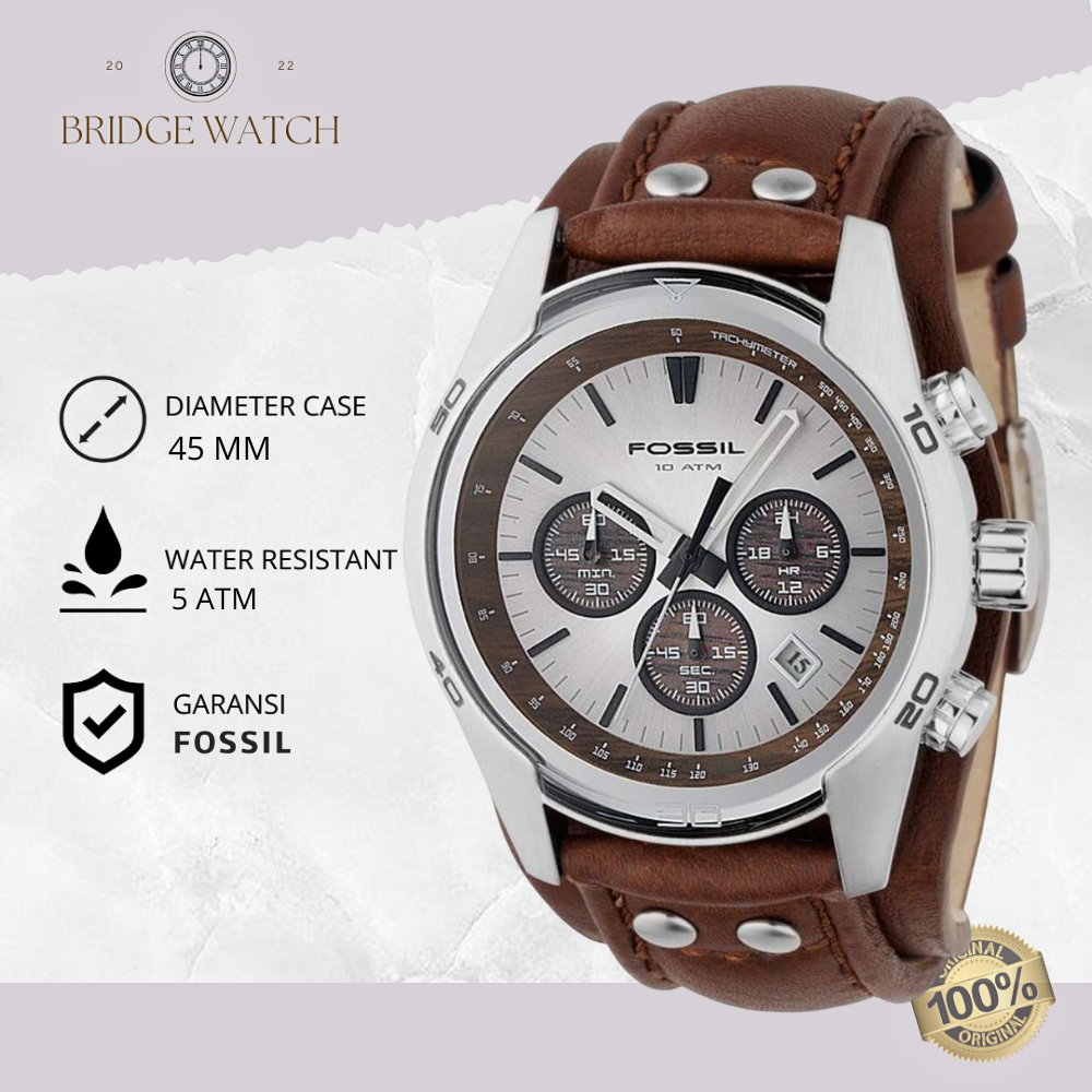 Jam Tangan Pria Fossil Coachman Analog Strap Brown Leather Strap Kulit Cowok Chronograph Men Silver 