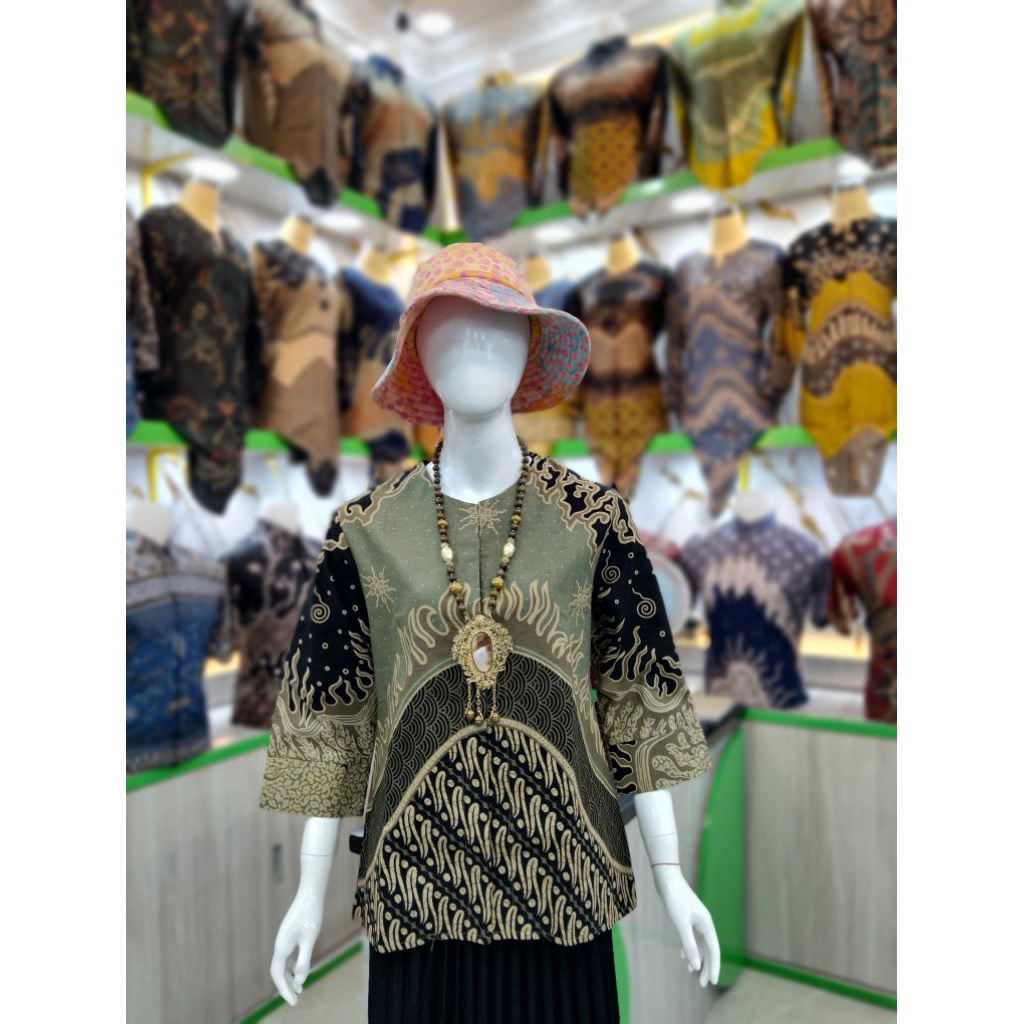 Blouse Batik Wanita kerja Qistina batik Bahan katun model atasan kancing depan motif hijau Sage lapi