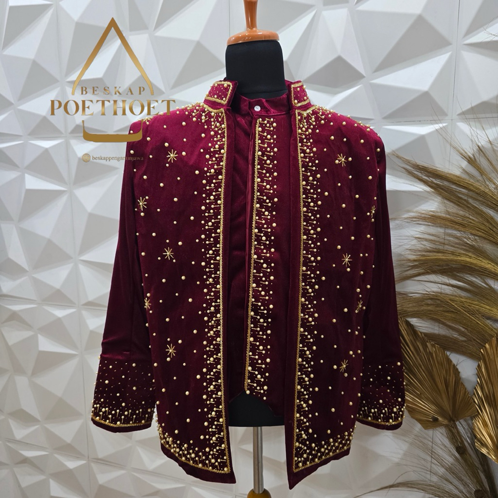 beskap Basofi Sunda muslim Bludru merah maroon payet gold premium set celana dan peci