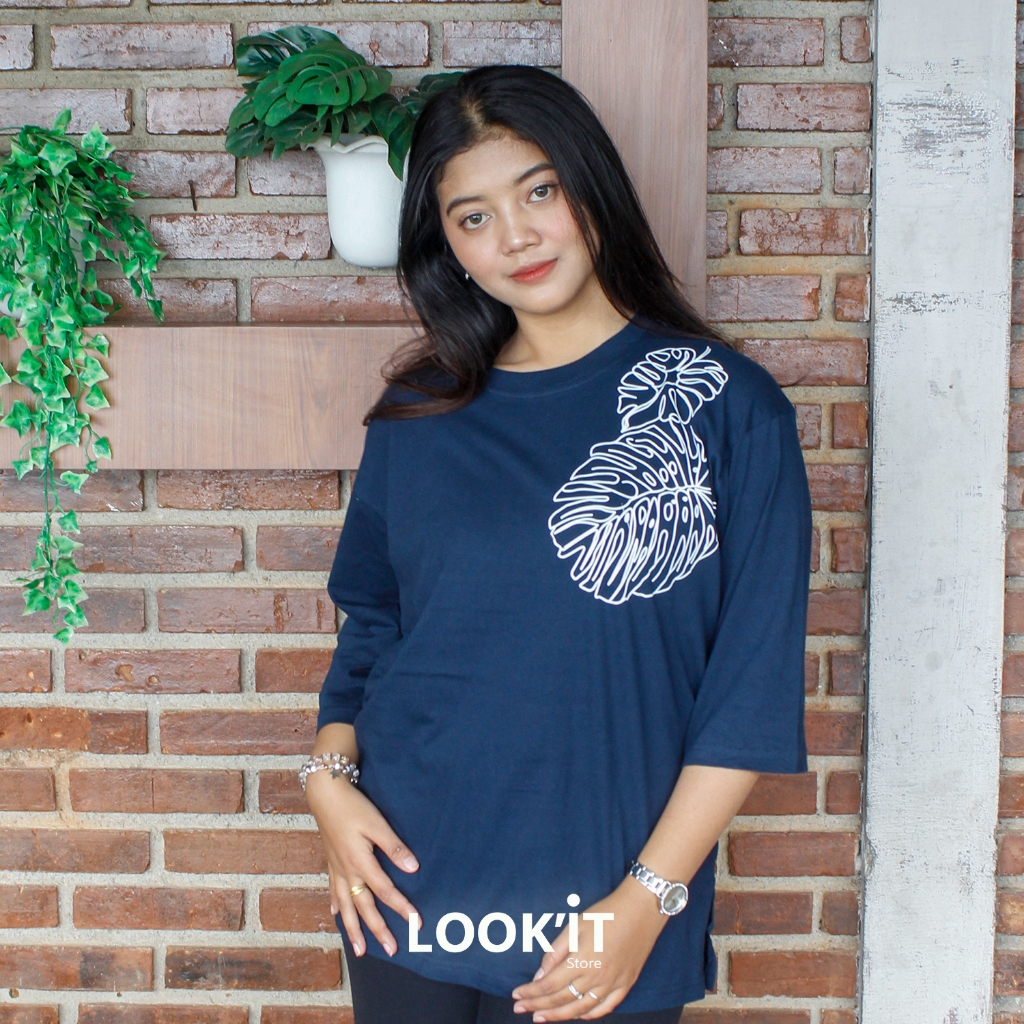 Lookit - Kaos Atasan Wanita Sleeve Basic Oversize With Leaf Monstera || Cotton Combed 30s