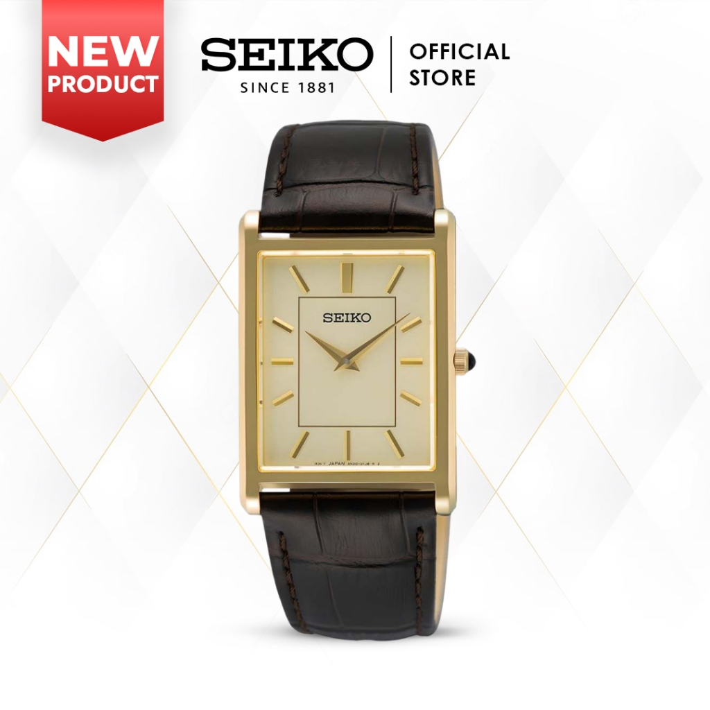Jam Tangan Pria Seiko Classic Kotak SWR106 SWR106P1 Gold Dial Leather Strap Quartz Original