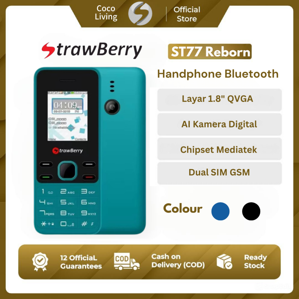 HP Strawberry ST22 REBORN Dual SIM Senter Musik Kamera Candybar Murah Handphone Bluetooth