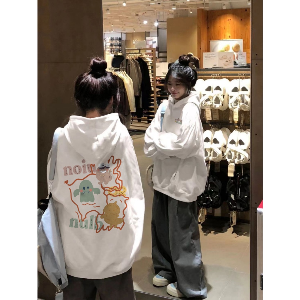 Qlioo Sweater Hoodie Oversize Wanita Fashion Cetakan monster lucu Hoodie Wanita Tebal Premium Ori