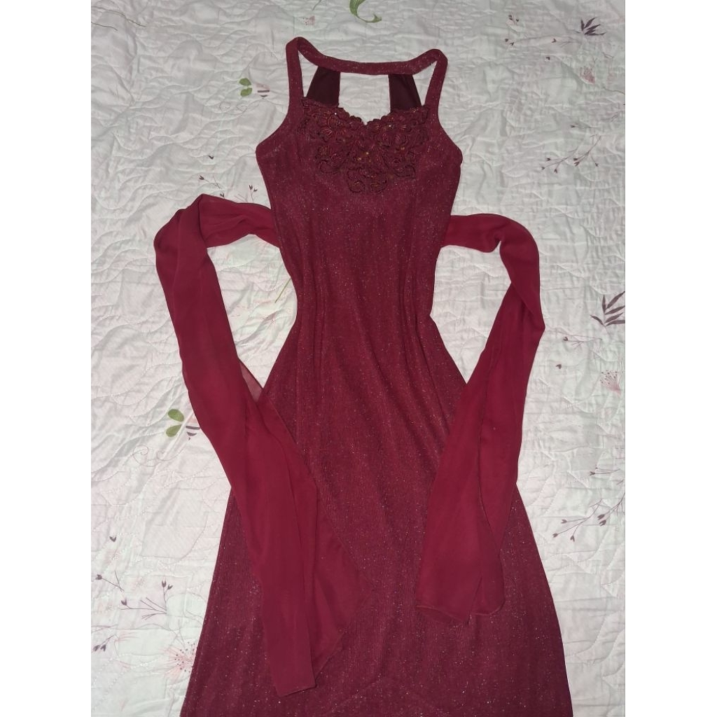 PRELOVED Night Party Mermaid Gown Long Gliterry Red Dress (dengan selendang)