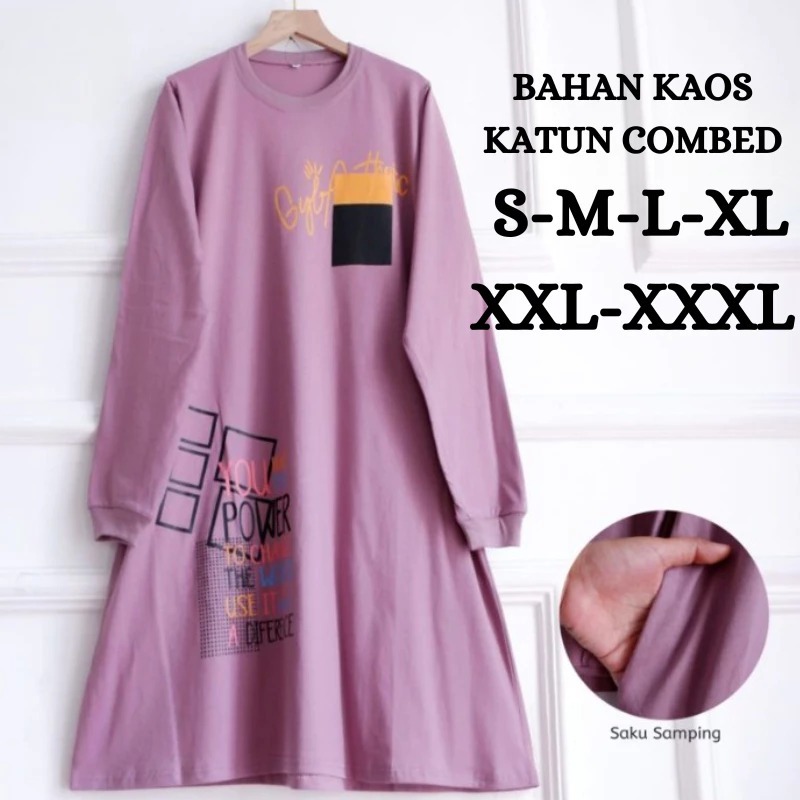 Kaos Tunik Wanita Lengan Panjang Power Tunic BO Bahan Katun Combed Aplikasi Sablon Baju Atasan Wanit