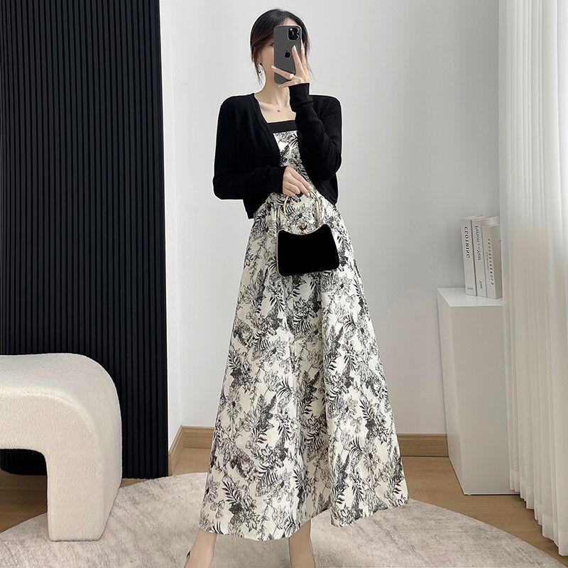 Long Dress Set 2 Potong – Cardigan Hitam & Gaun Panjang Print Bunga korean long dress dress cardigan