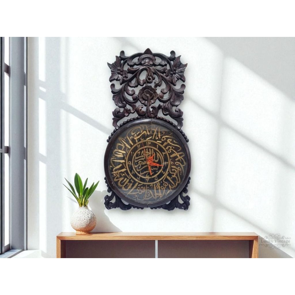 Vintage Jam Dinding Kaligrafi Kayu Jati Ukir Lawas