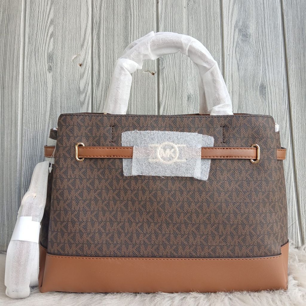 MK bag reed large cz belted satchel sign brown