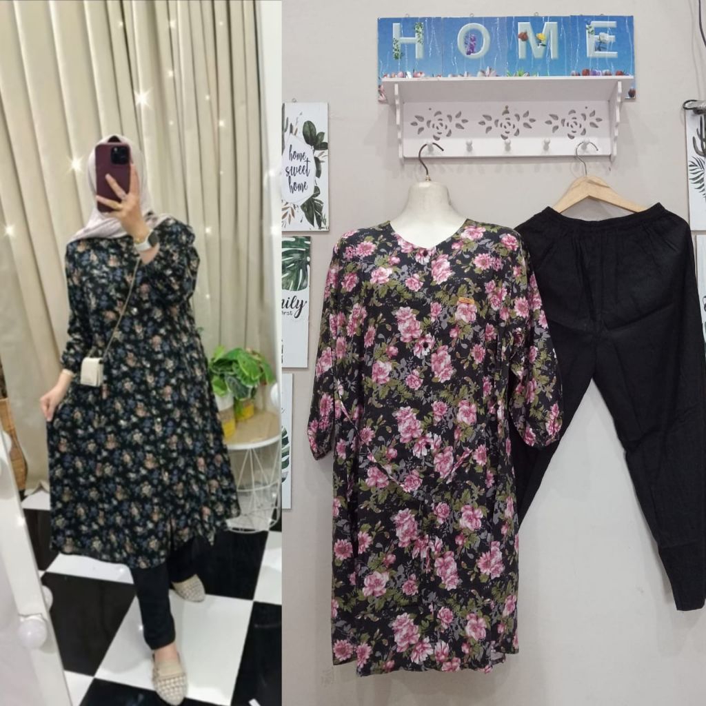 SETELAN TUNIK RAYON MOTIF BUNGA TERBARU/tunik rayon kekinian/tunik bahan rayon/tunik Ld 120 cm/tunik