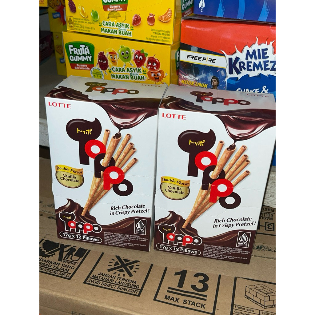 

LOTTE TOPPO Doble Flavor BISKUIT STIK PRETZEL RASA VANILLA ISI COKLAT 17g x 12 Pillows