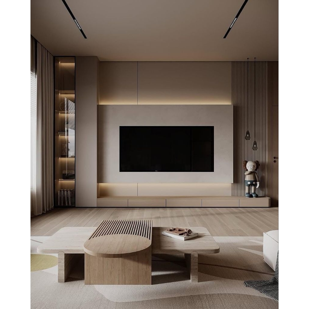 Backdrop tv minimalis finishing HPL meja tv hpl