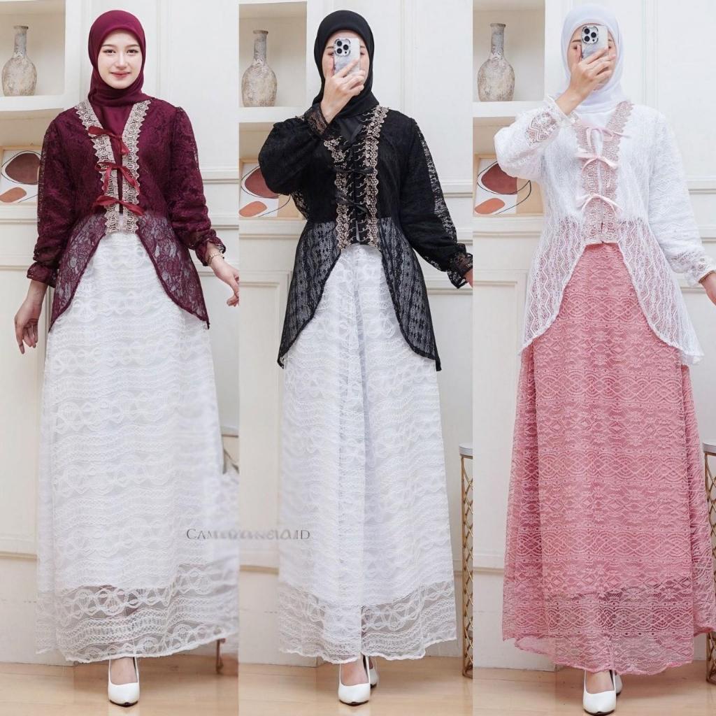 Wiza Dres Set Inner Outer dan Rok Tutu Rok Brokat Gamis Muslim Wanita Lebaran Kondangan Bridesmaid