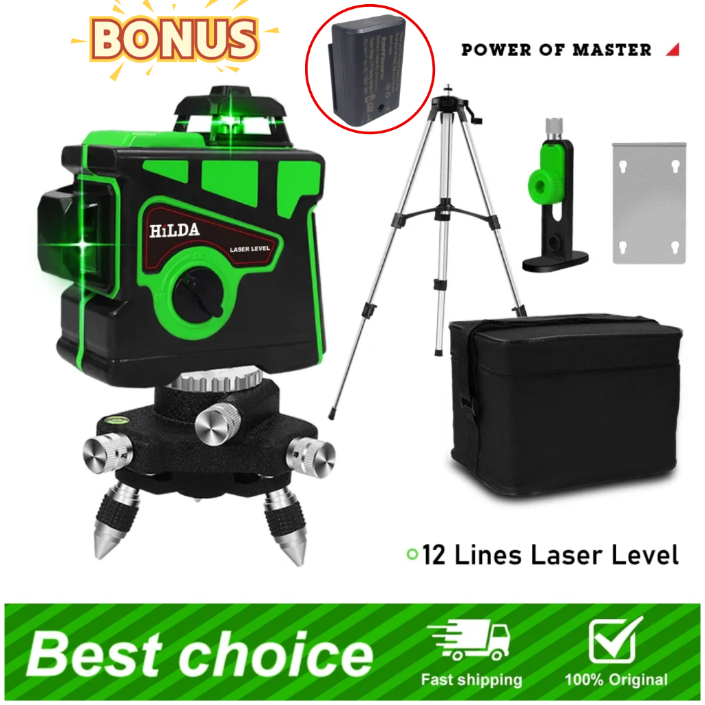 GO Taffware Laser Leveling 12 Line Laser 3D Alat Tukang Bangunan Komplit + Tripod + Batrei