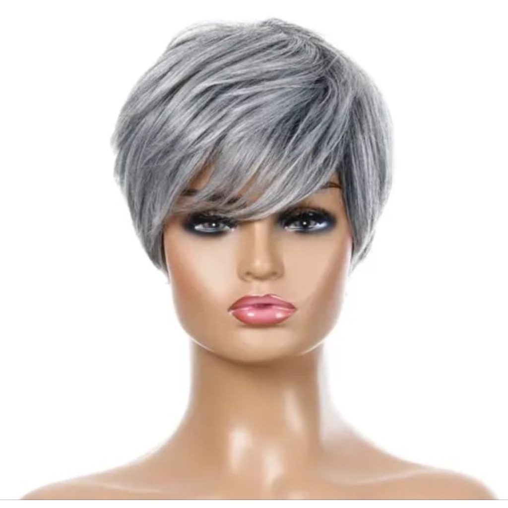 Wig Short Pixie Wig Wanita Wig Pria Wig Pendek Wig Silver Gray Korean Style Wig Wanita Shorty Wig Pe