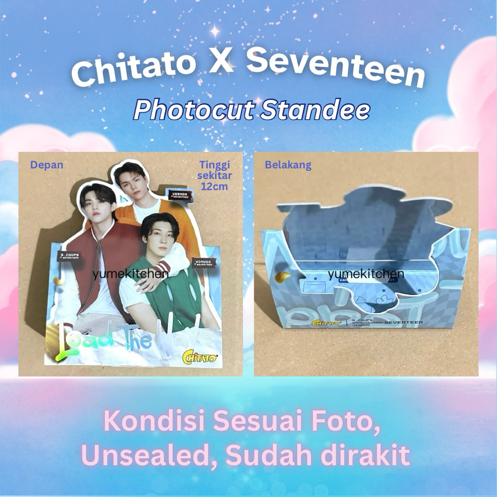 

Chitato x Seventeen Photocut Standee (tinggi sekitar 12 cm) Unsealed, Sudah Dirakit - S.Coups, Wonwoo, Vernon of Seventeen