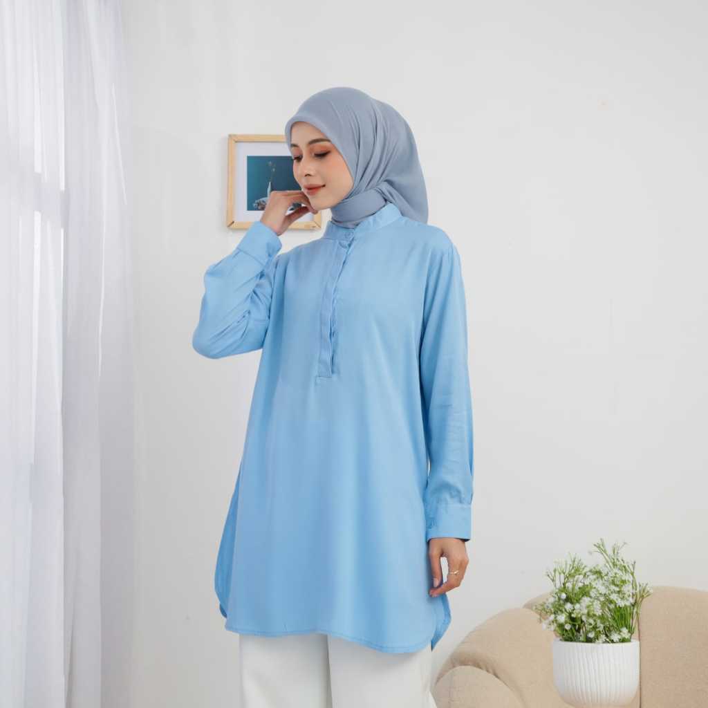 Tunik Atasan Wanita Muslim Polos Biru Wardah Shakilla Twill Terbaru 2025