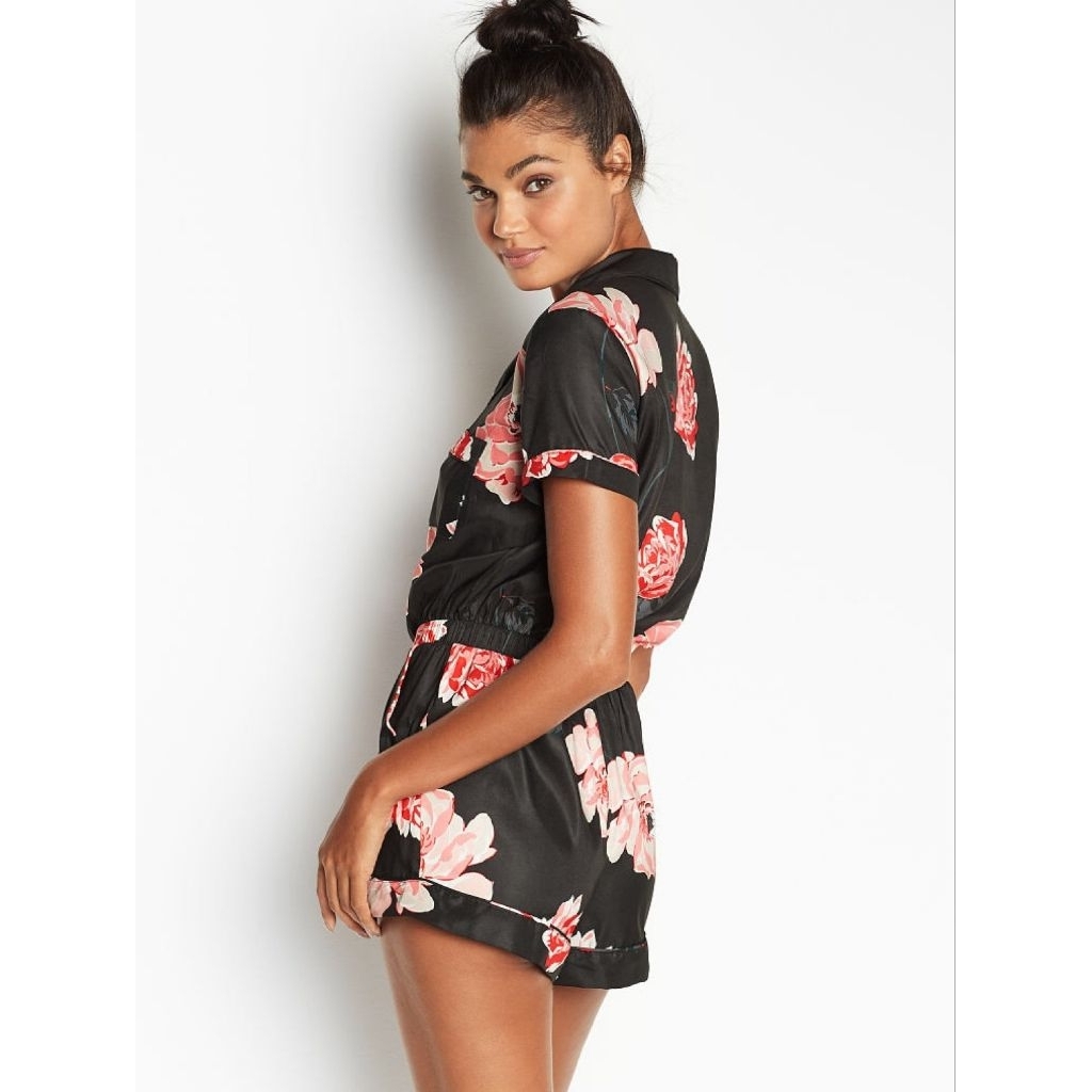 VICTORIA'S SECRET BLACK SATIN PINK FLORAL