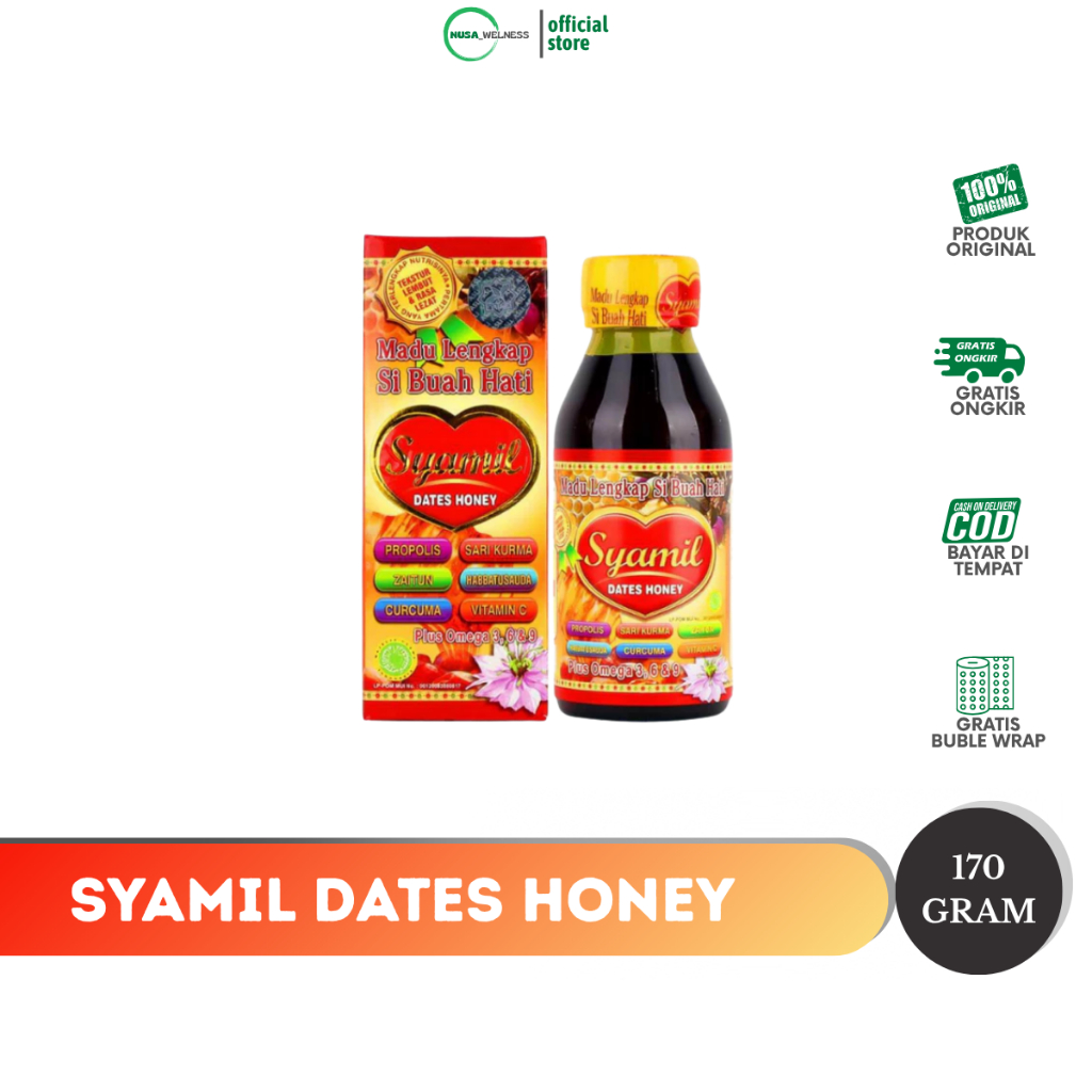 

MADU SYAMIL DATES HONEY HERBAL - madu sehat keluarga, manisnya penuh khasiat | kombinasi madu, habbatussauda, zaitun & propolis | bantu jaga daya tahan tubuh | cocok untuk anak & dewasa | 100% original halal | bisa COD