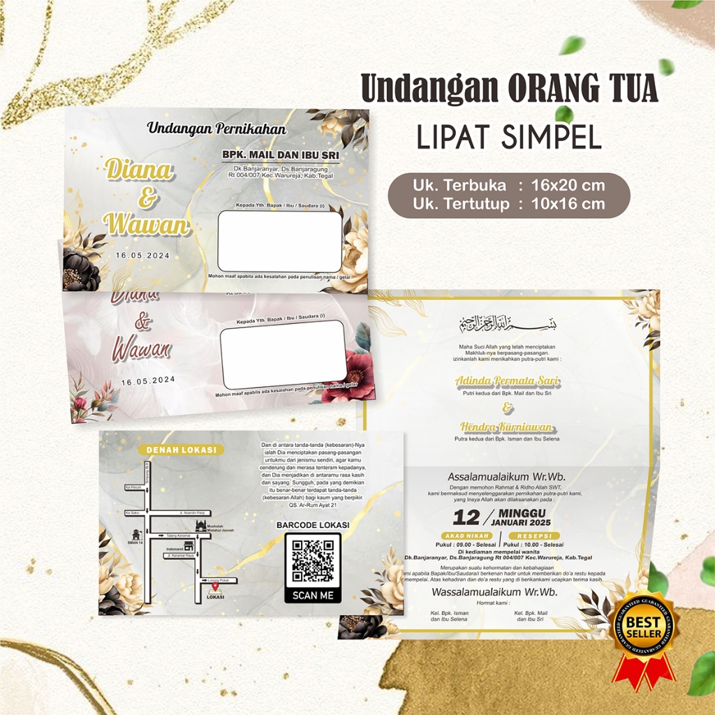 Undangan Pernikahan Lipat Orang Tua D ( Free Desain, Foto, Denah Lokasi, Turut Mengundang, Plastik )