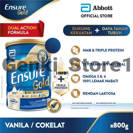 

ENSURE GOLD HMB Vanila / Cokelat 800gr - Nutrisi Dewasa Rendah Laktosa