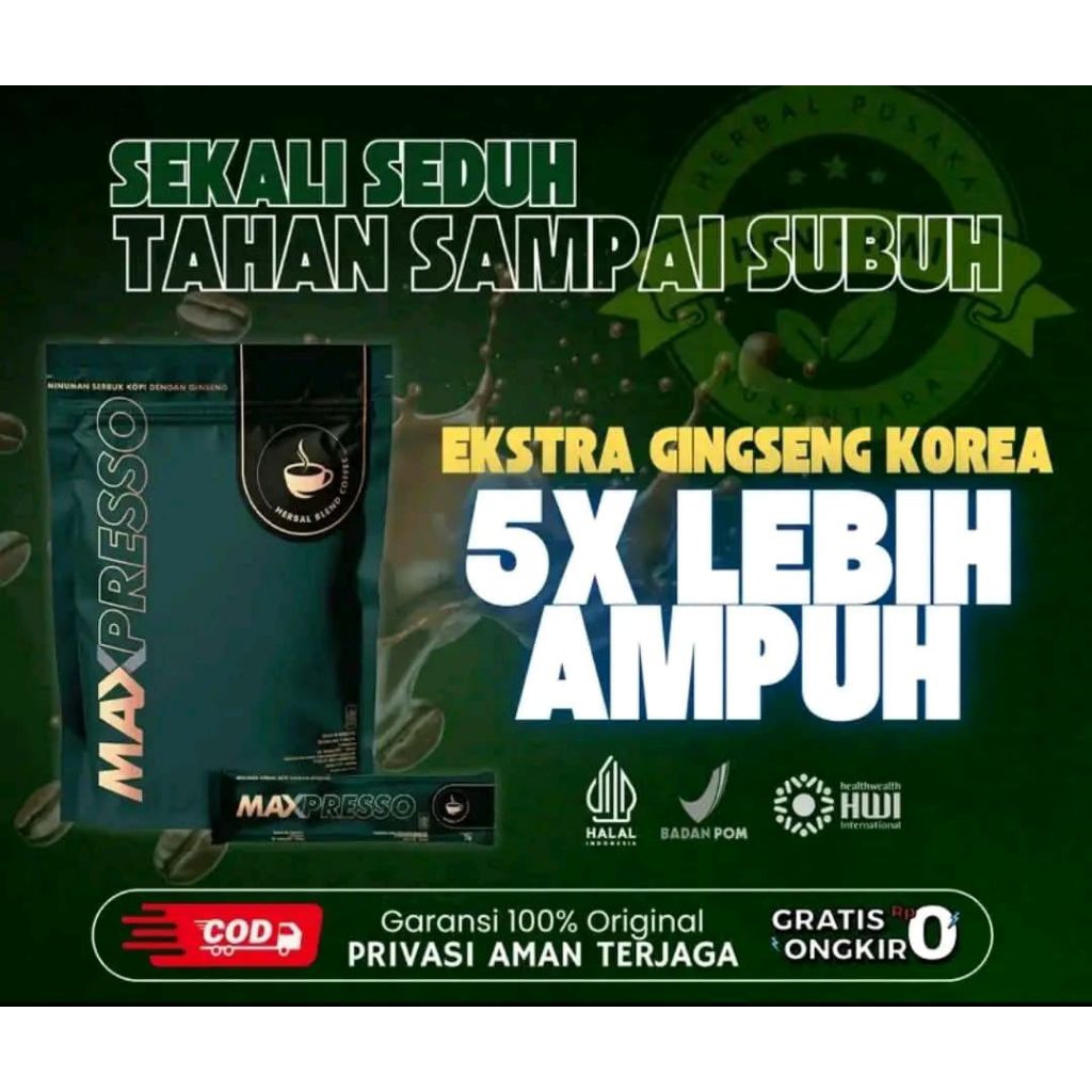 

Maxpresso HWI Original 100% Asli BPOM / Kopi Maxpreso Coffee Ginseng Stamina Kesehatan