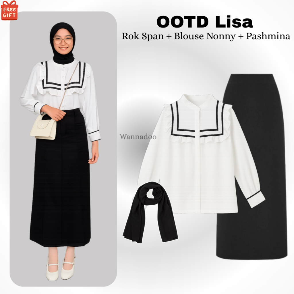 Setelan Hijab OOTD Lisa ( Blouse Nonny + Rok Span + Pashmina Hitam ) Outfit Remaja Stylish Hijab