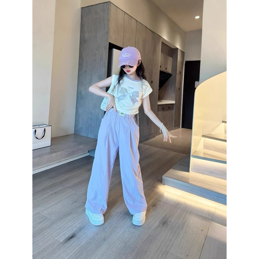 Setelan Crop Pita dan Celana Ungu/Setelan Baju Anak Terbaik/Setelan Baju 2025/Setelan Baju Anak Tang