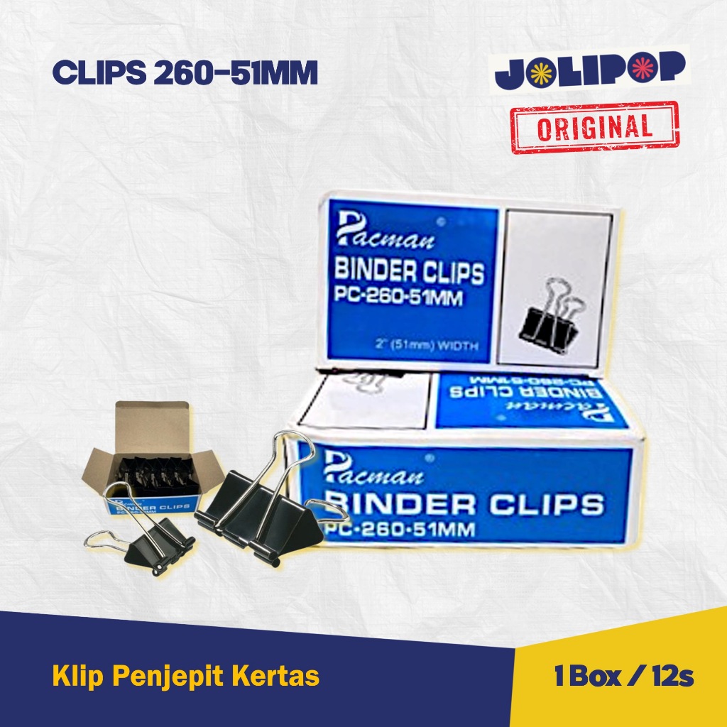 

Pacman Binder Clips 260-51mm / 1 Box Isi 12pcs / Penjepit Kertas Kecil Besar Sedang / Clips Tebal
