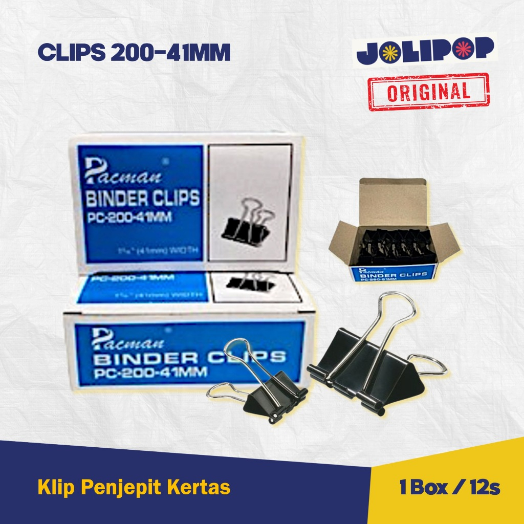 

Pacman Binder Clips 200-41mm / 1 Box Isi 12pcs / Penjepit Kertas Kecil Besar Sedang / Clips Tebal