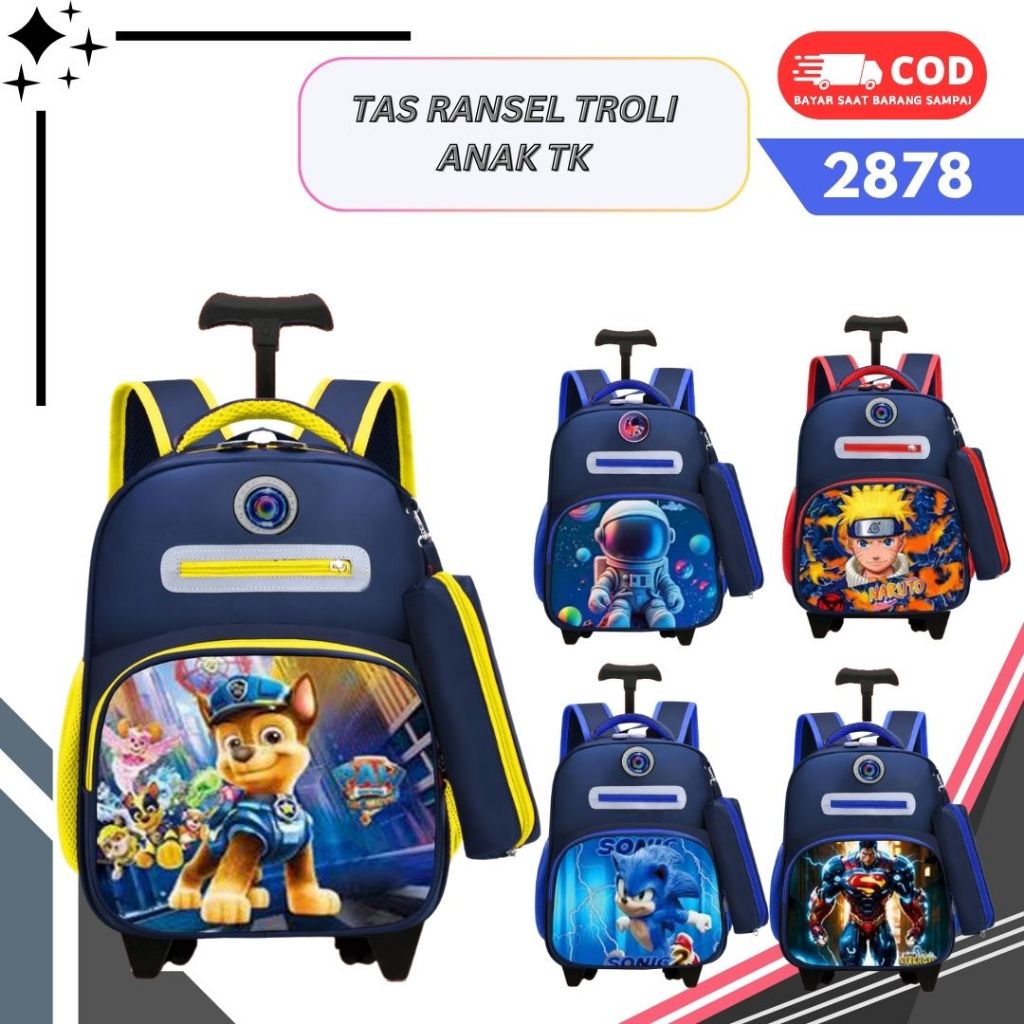 tas troli roda ransel anak TK led lampu motif karakter anak cowok ransel sekolah 2878