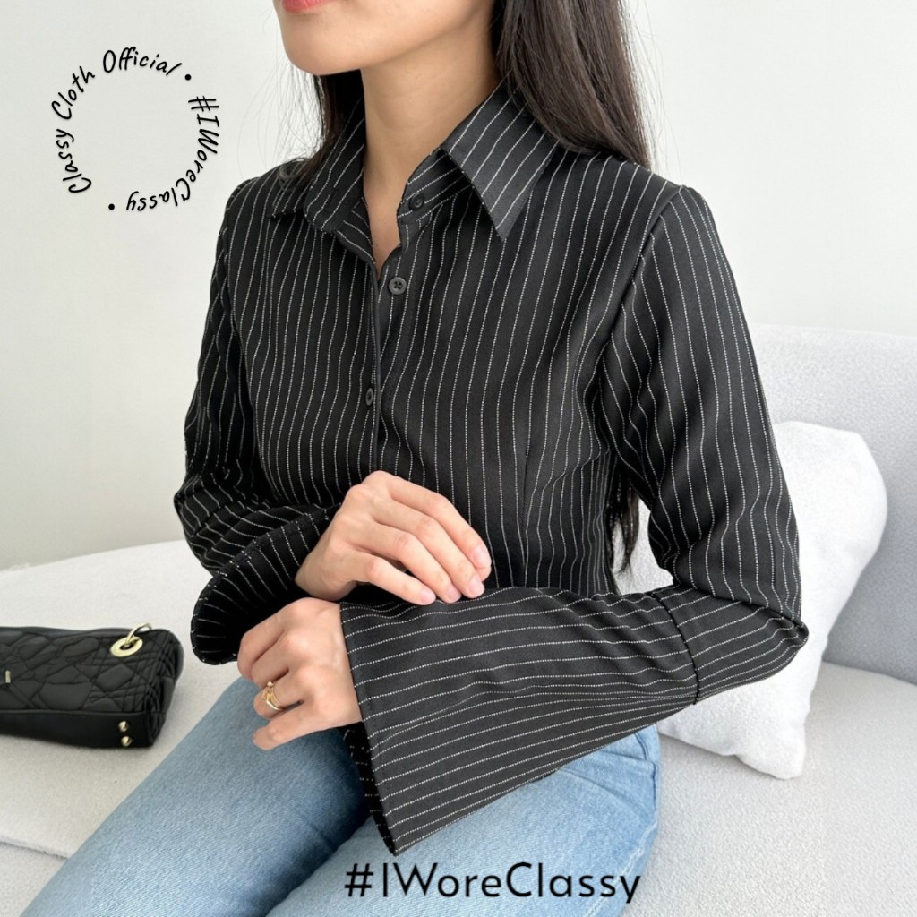 CLASSY - Giselda Stripes Top Blouse 2041 | Kemeja Atasan Wanita Slimfit Lengan Panjang Terompet