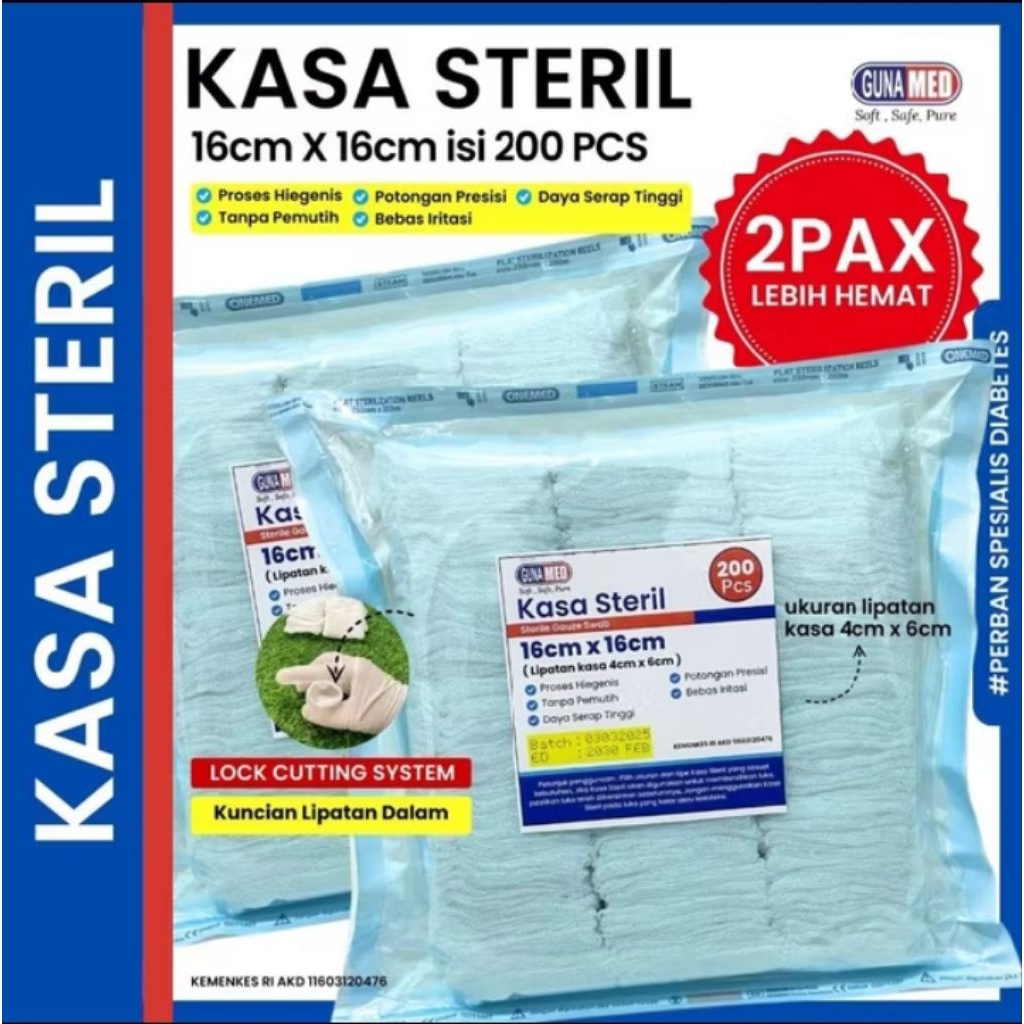 GUNAMED KASA STERIL LIPAT SIAP PAKAI/KASA STERIL UKURAN 16CM X 16CM (sebelum dilipat) ISI 200PCS/ PO