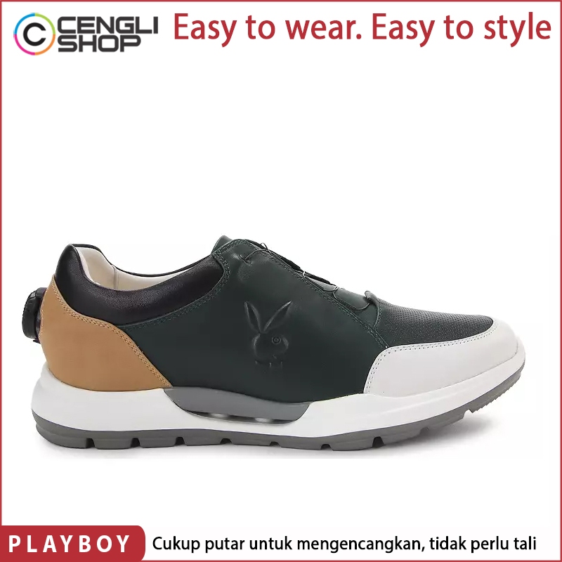 SEPATU PLAYBOY SNEAKERS SLIP ON KASUAL PRIA ORIGINAL SNEAKER CASUAL KETS KULIT ASLI HIJAU GREEN PLK0