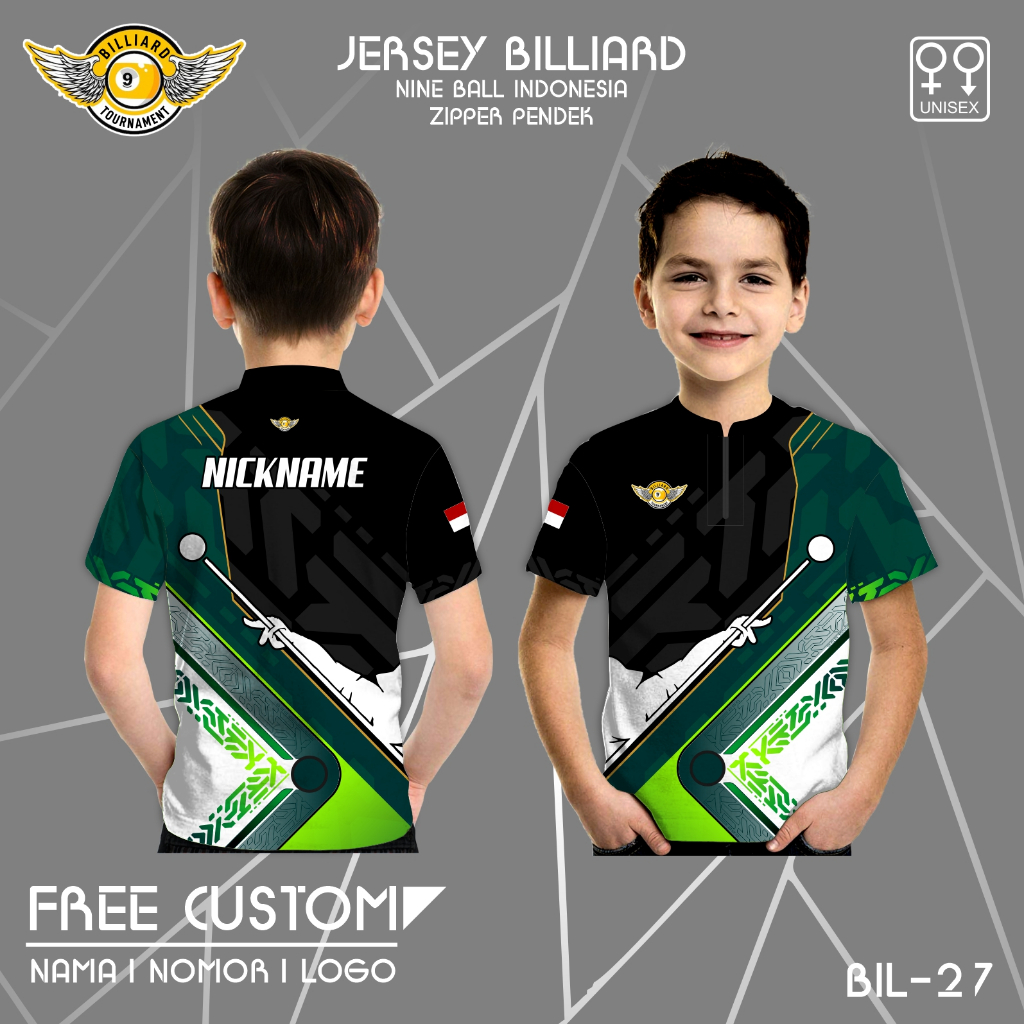 Baju kerah zipper billiard kaos anak nine ball jersey komunitas billiard
