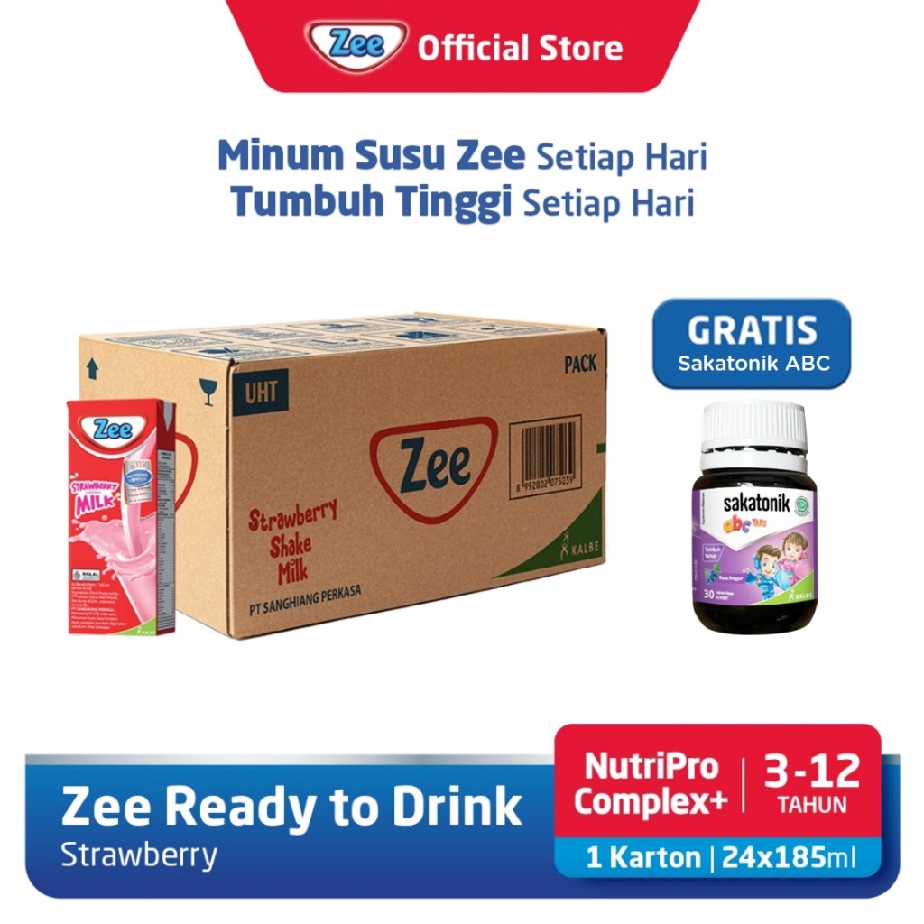 

Carton Box Zee UHT Strawberry Milk Shake 185ml Free Sakatonik ABC