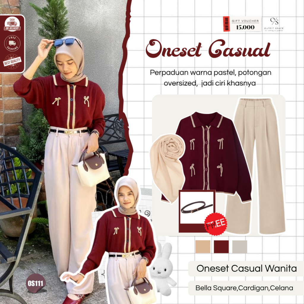 OUTFIT SPACE-Ootd Wanita Kekinian Remaja Hijab |Belt Wanita,Bella Square Cream,Cardigan Keiko,Celana