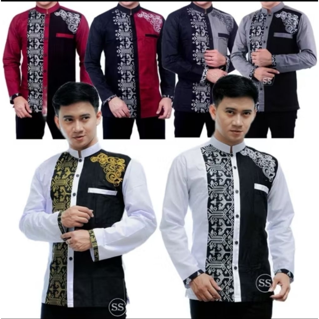 Baju Muslim Pria Modern Motif Batik Kombinasi Bordir