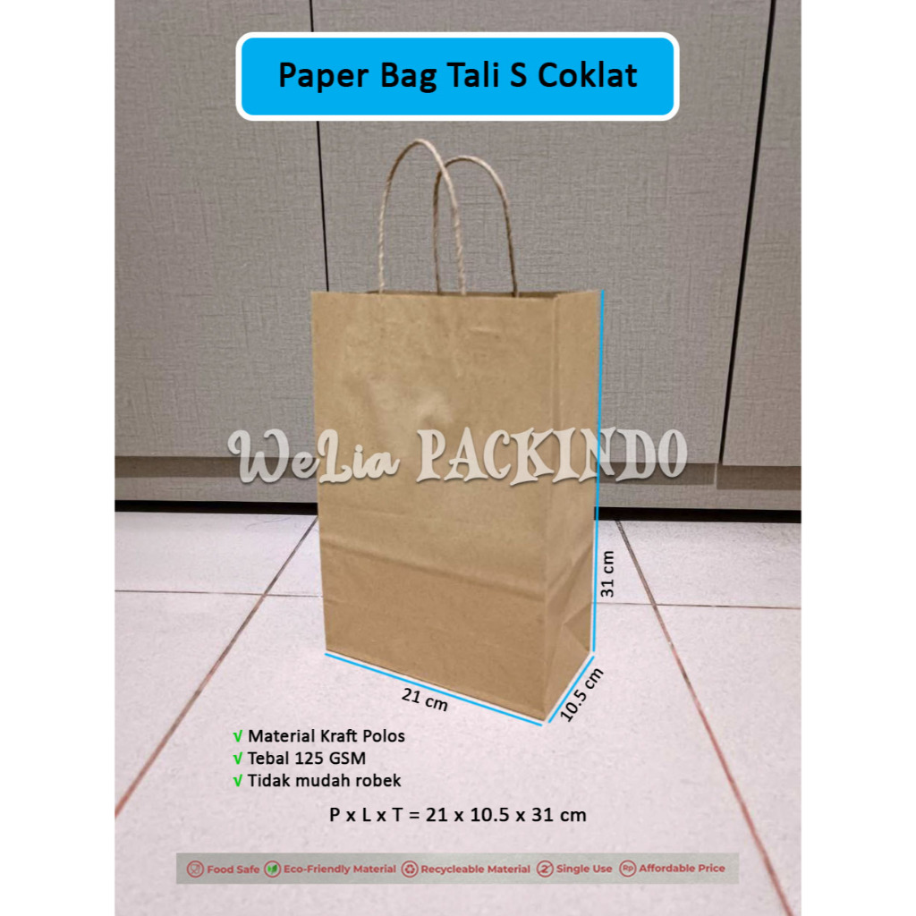 

Paper Bag Tali Kraft S 21x10.5x31cm Tebal 125GSM / Goodie Bag Kecil 21x10.5x31 cm Kraft Coklat Polos / Souvenir Kantong Kertas Wedding Tas Belanja